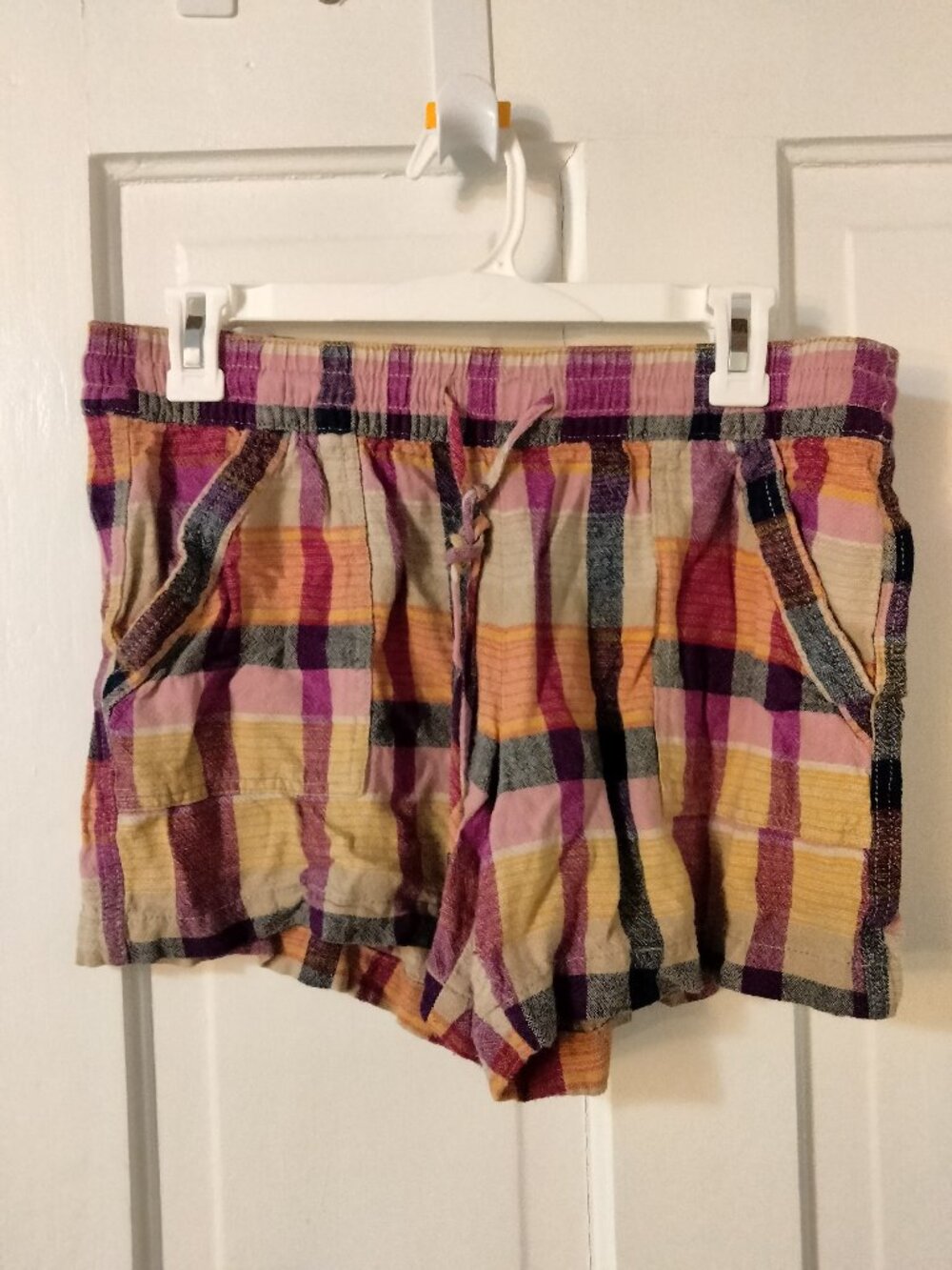 Linen/Rayon Blend Plaid Shorts, Elastic Waist, Drawstring, Pockets, Purple!
